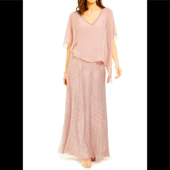 Women’s Formal Dress Size 14 JKARA Blush Pink Attached Cape Fit + Flare Beaded - Picture 1 of 10
